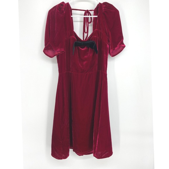 WAYF Velvet Mini Dress Red Tie Back Puff Sleeve Party Cocktail Holiday M - Picture 1 of 8